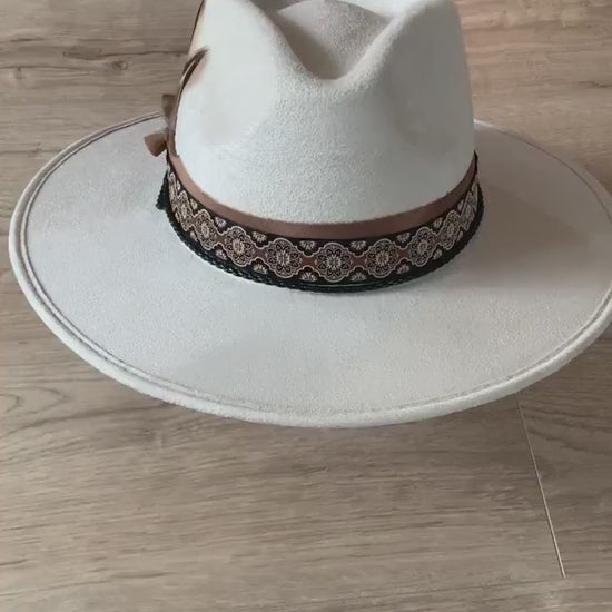 White Flat Brim Hat with Feathers for Men and Women | Wide Brim Hats for Summer