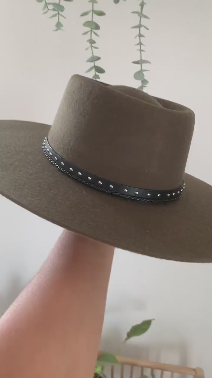 Wool Felt Hat Wide Brim Handmade Hat Flat Brim Boho Hat Western Hat | Olive Felt Hat