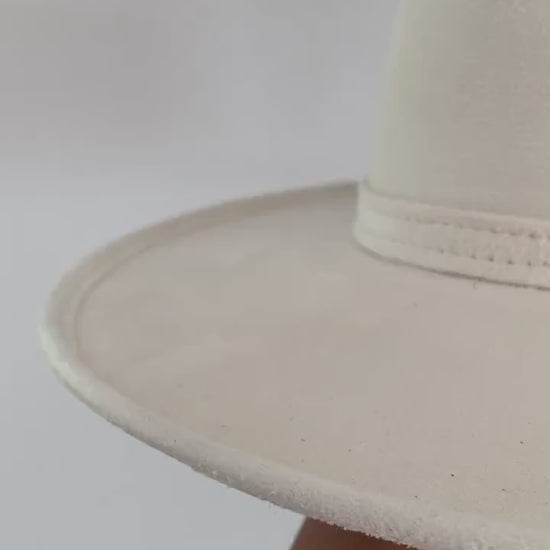 Boater Hat Wide Brim Handmade Hat Flat Brim Boho Hat | Suede Ivory Pencil Brim Hat