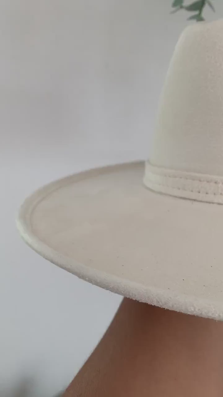 Boater Hat Wide Brim Handmade Hat Flat Brim Boho Hat | Suede Ivory Pencil Brim Hat